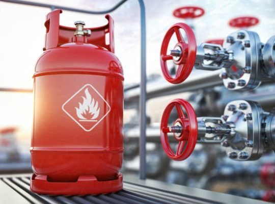 Production, delivery and filling with natural gas of lpg gas bottle or tank. 3d illustration